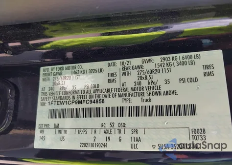 2021 Ford F-150 Xlt из США, поврежденный, VIN 1FTEW1CP9MFC94858